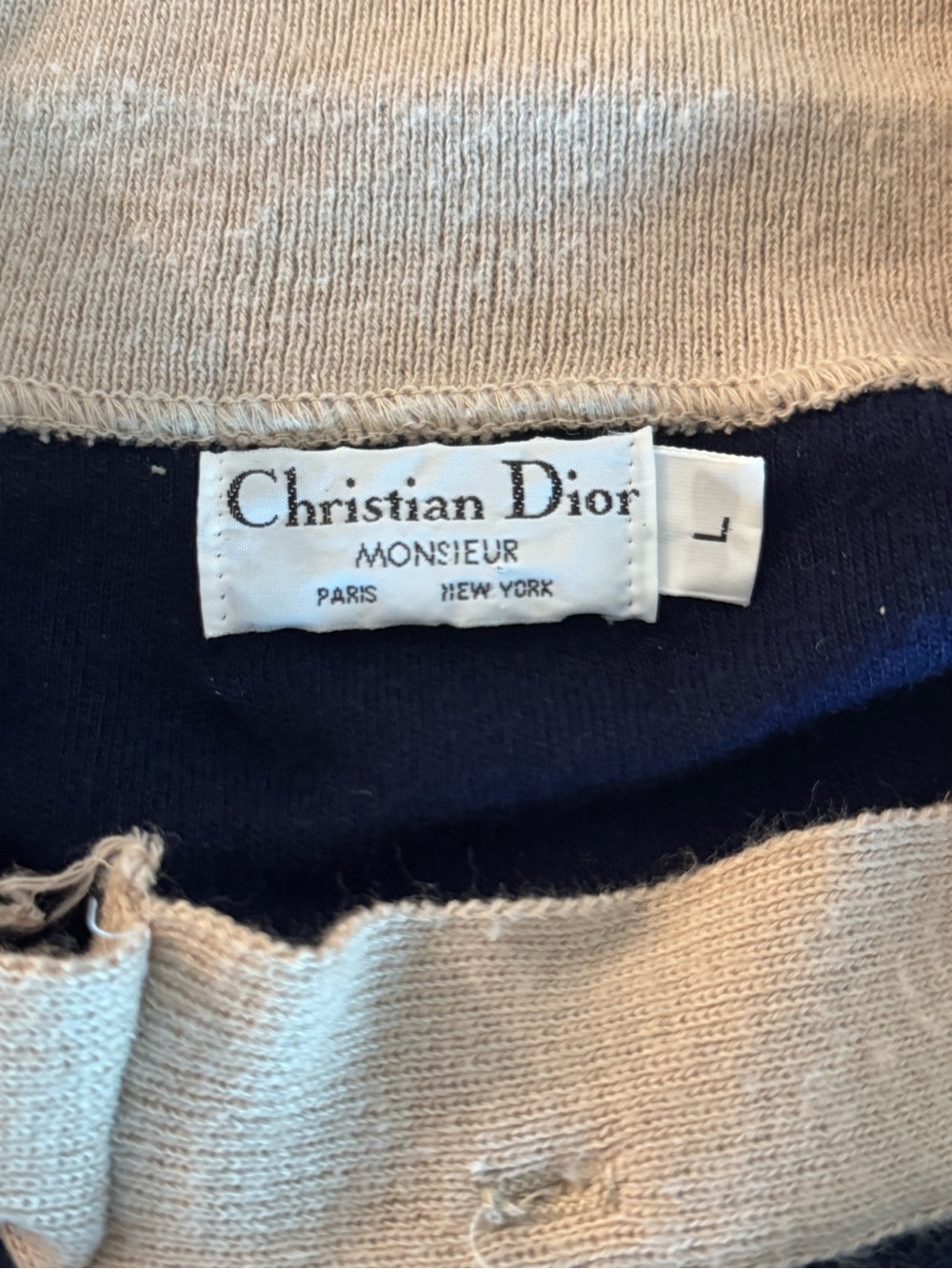 Dior Monsieur Beige Crewneck Sweater with Navy Trim